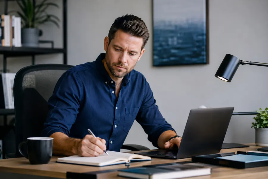 Focused professional working with clarity at a modern desk